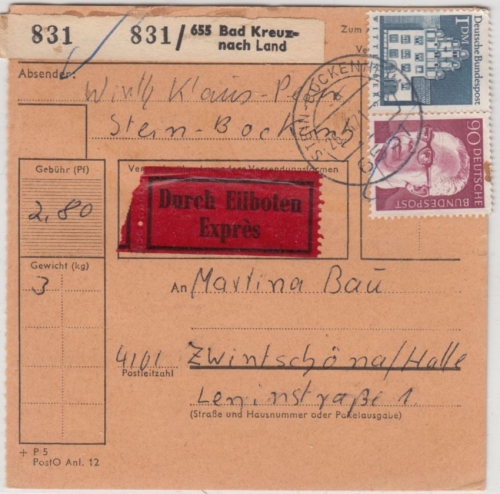 BRD - Stein-Bockenheim 1971 Eil-Paketkarte/Postst. I n. Zwintschöna