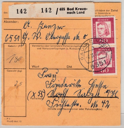 BRD - Gau-Weinheim 1967, Paketkarte/Poststelle I, Paketzettel Bad Kreuznach Land