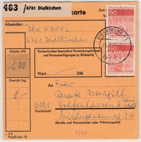 BRD - 2x60 Pfg. Bauwerke, Paketkarte Dielkirchen - Gräfenhausen 1971