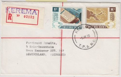 Papua New Guinea - 9+30 C. Telekom, Einschreibebrief Kerema - Köln 1973