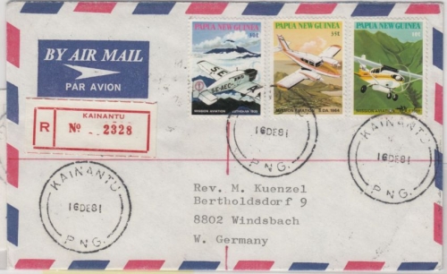 Papua New Guinea - 10+30+35 T. Flugzeuge, Lupo-Einschreibebrief Kainantu 1981 n.