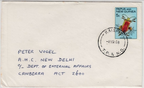 Papua New Guinea - 5 C. Käfer, Brief Kaiapit - New Dehli 1.3.1968