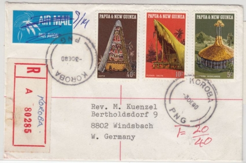 Papua New Guinea - 140+10+5 C. Baustile Einschreibebrief Koroba - Windsbach 1980
