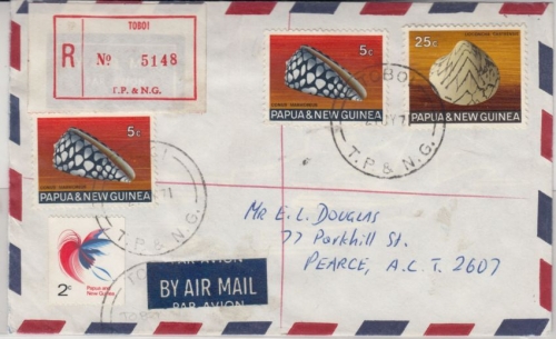 Papua New Guinea - 25 C. Meeresschnecke u.a., Lupo-Einschreibebrief Toboi 1971