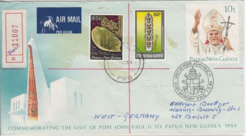 Papua New Guinea - 10 t Papst-Besuch GA-Umschlag+Zusatz Lupo-Einschreibebrief
