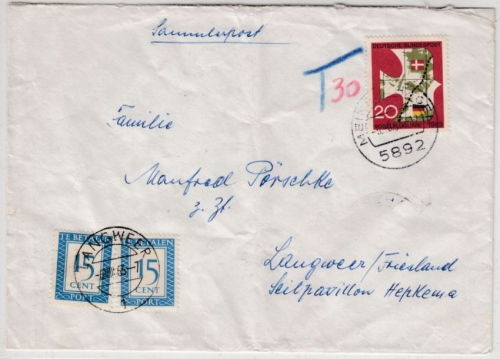 BRD - 20 Pfg. Vogelfluglinie, Brief/Nachporto n. HOLLAND, Meinerzhagen 1963 n.