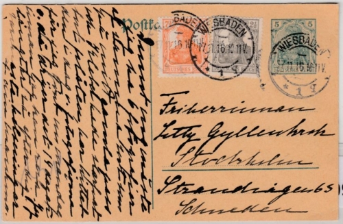 DR - 5 Pfg. Germania GA-Karte+Zusatz n. SCHWEDEN, Wiesbaden - Stockholm 1916