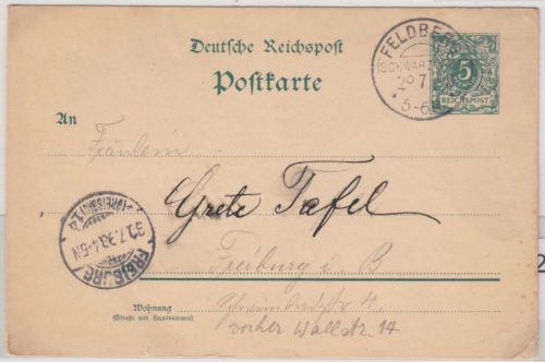 DR - Feldberg (Schwarzwald) 1898, KOS a. 5 Pfg. GA-Karte n. Freiburg