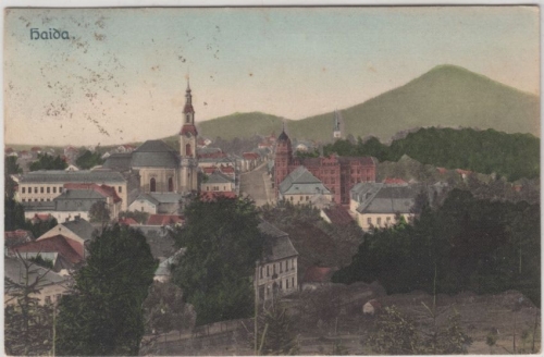 Tschechien - Haida, farb. Ortsansicht m. Kirche, gelaufen 1914