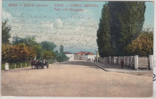 Serbien - Nisch Park und Burggasse, farb. AK gelaufen 1911