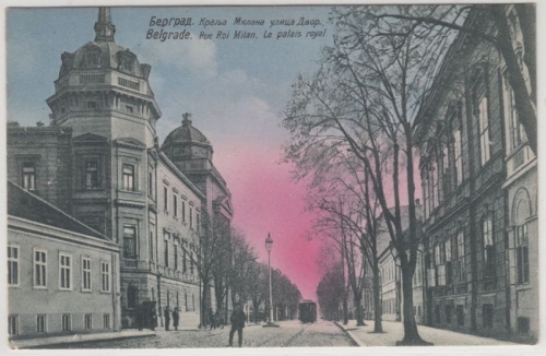 Serbien - Belgrad Rue Roi Milan, Straßenansicht, farb. AK gelaufen 1911