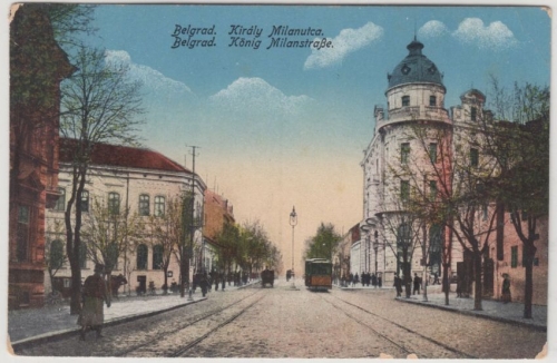 Serbien - Belgrad König Milan Straße m. Straßenbahn farb. AK ungelaufen ca. 1910