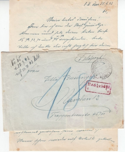 DR - Niederbieber-Segendorf ü. Neuwied, Poststelle I, Feldpostbrief/Nachporto n.