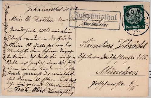 DR - Johannisthal ü. Kronach, Landpost-Ra2 a. Karte n. München 1934