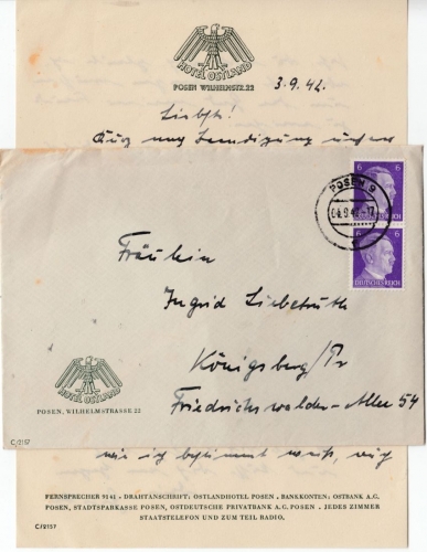 DR - Posen 1942 Hotel Ostland, Umschlag u. Briefpapier m. Hotelwerbung