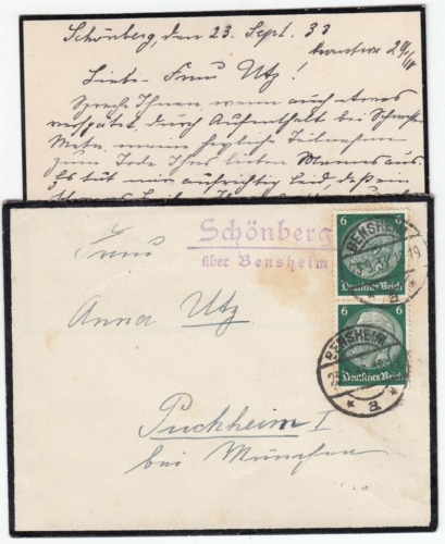 DR - Schönberg ü. Bensheim, Landpost-L2 a. Trauerbrief n. Puchheim 1933