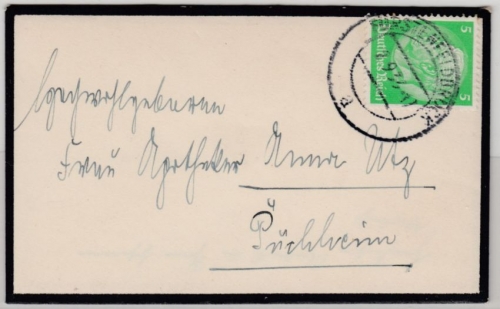 DR - 5 Pfg. Hindenburg, kl. Trauerbriefchen/Drucksache Fürstenfeldbruck 1933 n.