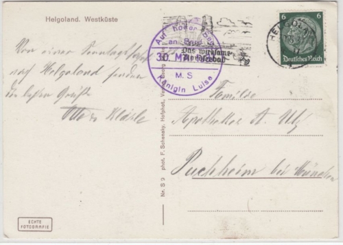 DR - Helgoland 1937, Auf hoher See MS Königin Luise, Karte n. Puchheim
