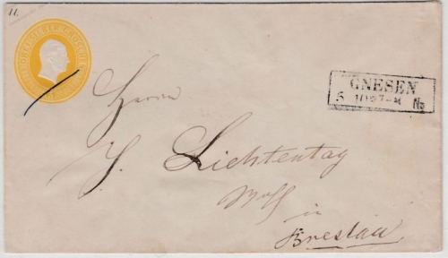Preussen - 3 Sgr. Fr.Wilhelm, GA-Umschlag Ra2 Gnesen n. Breslau 1857