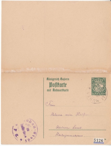 Bayern - 7 1/2 Pfg. Hupp Antwort-GA-Karte Söllhuben - Aachen 1918 Zensur