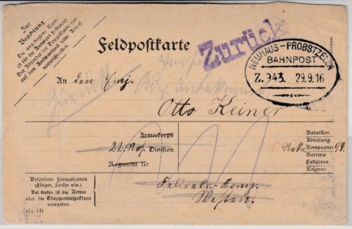 DR - Neuhaus - Probstzella Bahnpost Z.943, Feldpostkarte m. Retourvermerk 1916