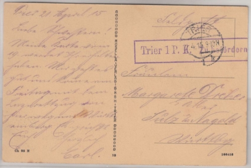 DR - Trier 1915, Feldpostkarte/AK Hauptbahnhof n. Sulz, Zensur-Ra1 Trier