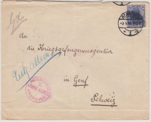 DR - 20 Pfg. Germania, Zensurbrief/Kgf.-Post i.d. SCHWEIZ Hannover - Genf 1916