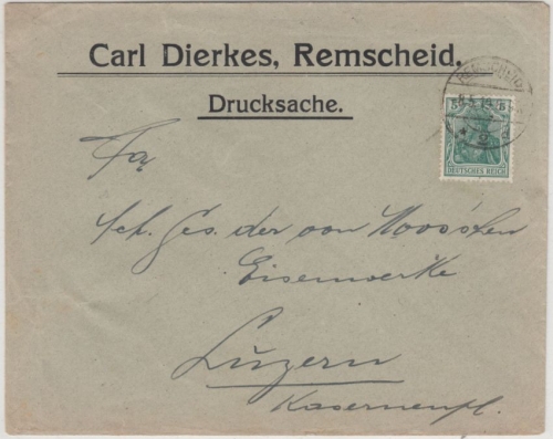 DR - 5 Pfg. Germania, Drucksachenbrief i.d. SCHWEIZ, Remscheid - Luzern 1919