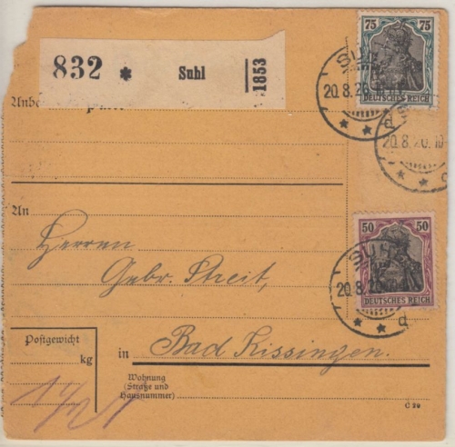 DR - 75+50 Pfg. Germania Paketkarte Suhl - Bad Kissingen 1920