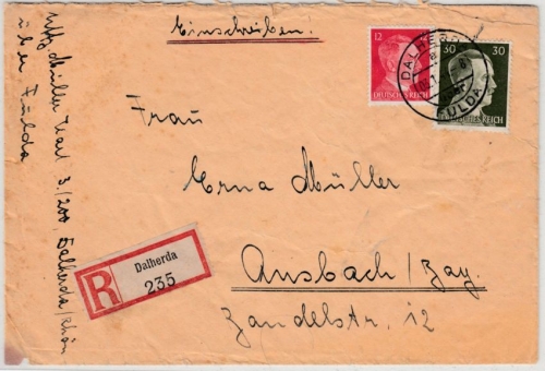 DR - Dalherda ü. Fulda, Poststelle I, Einschreibebrief n. Ansbach 1944