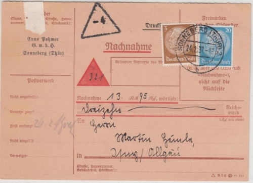 DR - Sonneberg (Thür) 1937 3+20 Pfg. Hindenburg Perfin COD Nachnahme-Drucksache