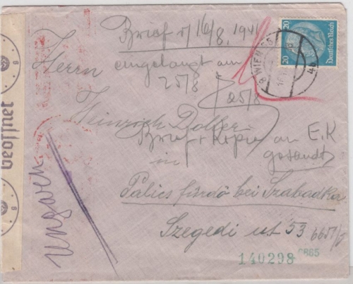 DR - 20 Pfg. Hindenburg, Zensurbrief/Sondertarif n. UNGARN, Wien 1941 n.