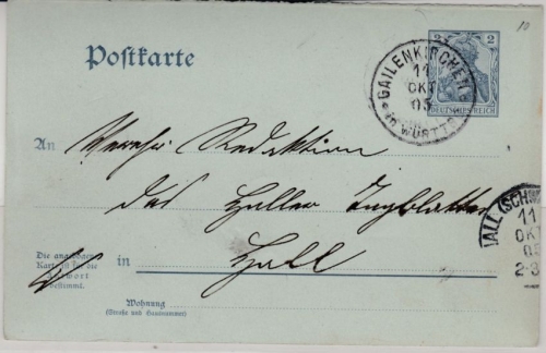 DR - 2 Pfg. Germania GA-Karte/Oberamtsverkehr F-Teil Gailenkirchen - Hall 1903