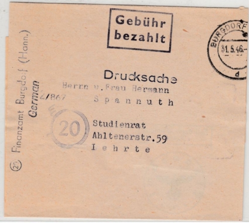 All.Bes. - Burgdorf 31.5.46, Gebühr bezahlt Ra2 a. Streifband n. Lehrte