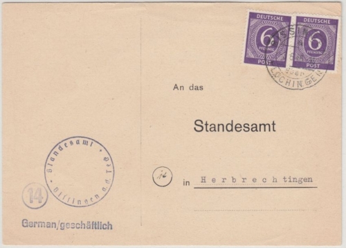 All.Bes. - Bissingen ü. Plochingen, Poststelle I a. Karte n. Herbrechtingen 1946