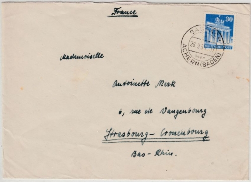 Bizone - Sasbach ü. Achern (Baden) Poststelle I Brief n. FRANKREICH 1951