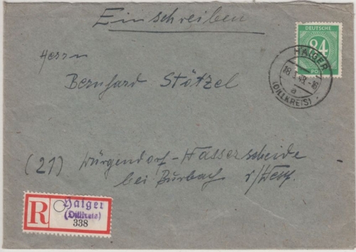 All.Bes. - Haiger (Dillkreis) 1948, Einschreibebrief n. Würgendorf