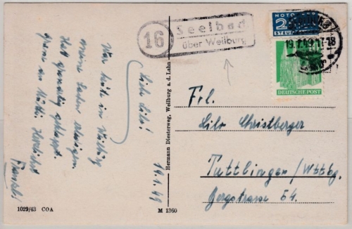 Bizone - (16) Seelbad ü. Weilburg, Landpost-Ra2 a. Karte n. Tuttlingen 1949