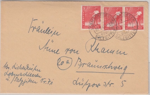 All.Bes. - Lobmachtersen ü. Salzgitter, Poststelle I Brief n. Braunschweig 1947