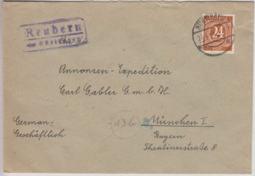 All.Bes. - Reudern ü. Nürtingen, Landpost-Ra2 a. Brief n. München 1946