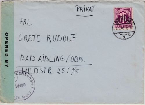 AM-Post - Zensurstelle Esslingen, Brief Göppingen - Bad Aibling 1946