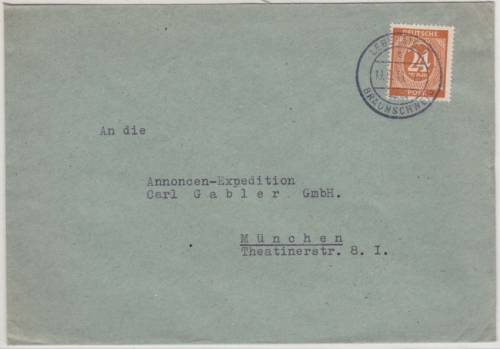 All.Bes. - Lebenstedt ü. Braunschweig, Poststelle I, Brief n. München 1946