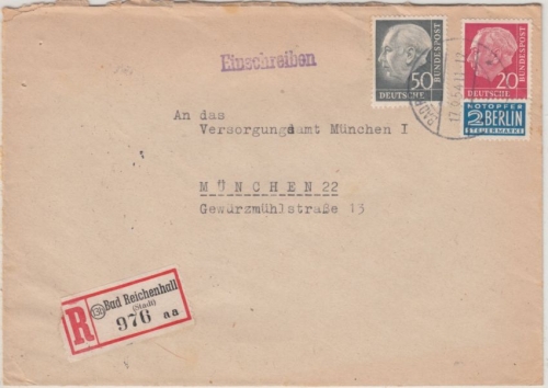 BRD - 50+20 Pfg. Heuss I, Einschreibebrief Bad Reichenhall - München 1954