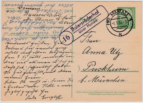 BRD - (16) Baiersröderhof ü. Hanau Landpost-Ra2 a. GA-Karte n. Puchheim 1957