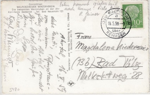 BRD - (22b) Walporzheim ü. Remagen, Poststelle I, Karte n. Tölz 1959
