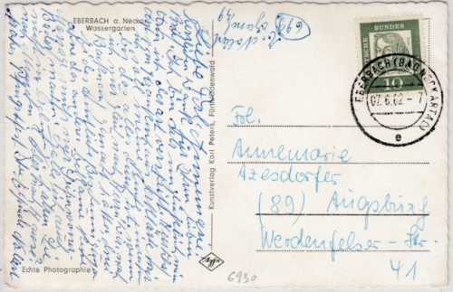 BRD - Eberbach (Bad. Neckartal) 1962, teilapt. Tagesstpl. Karte n. Augsburg