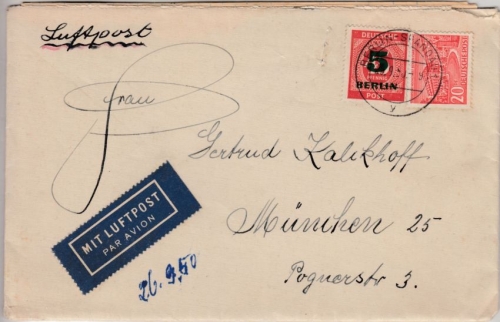 Berlin - 5+20 Pfg. Grünaufdruck/Bauten, Lupo-Brief n. München 1950