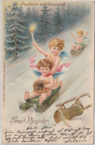 Glückwunsch - Prosit Neujahr "Postkarte m. Tannenduft" Engel fahren Schlitten