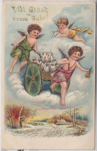 Glückwunsch - Neujahr Engel Prägekarte gelaufen Weilheim 1907