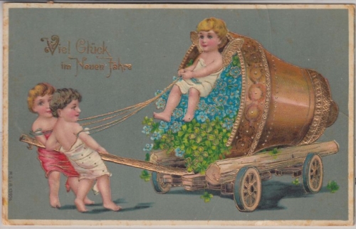 Glückwunsch - Neujahr Engel Glocke Prägekarte gelaufen Grafing 1908